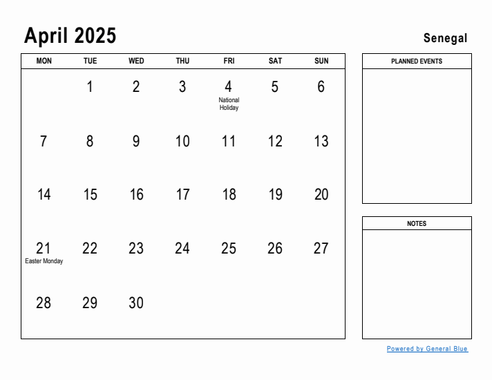 April 2025 Printable Monthly Calendar with Senegal Holidays