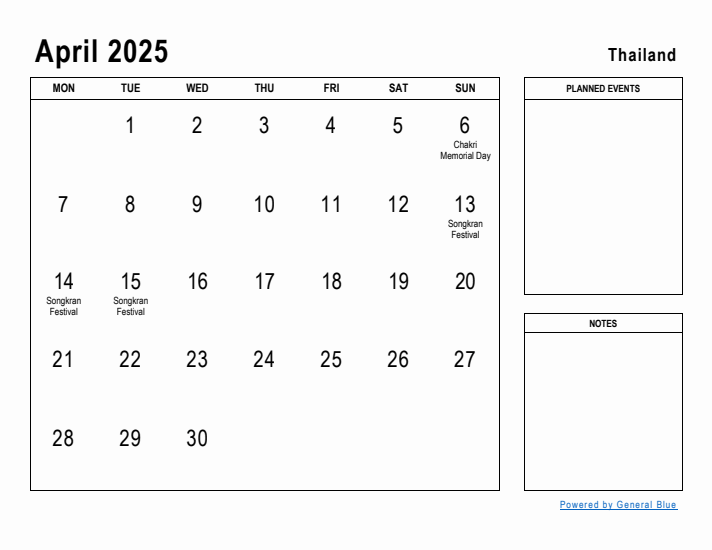 April 2025 Printable Monthly Calendar with Thailand Holidays