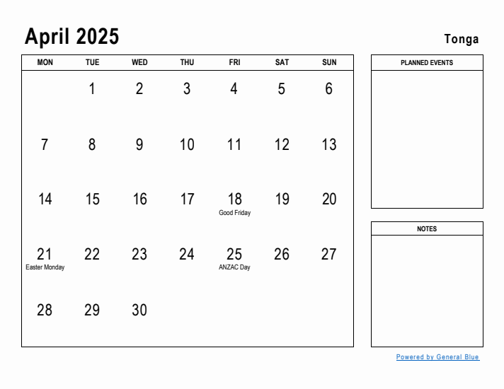 April 2025 Printable Monthly Calendar with Tonga Holidays
