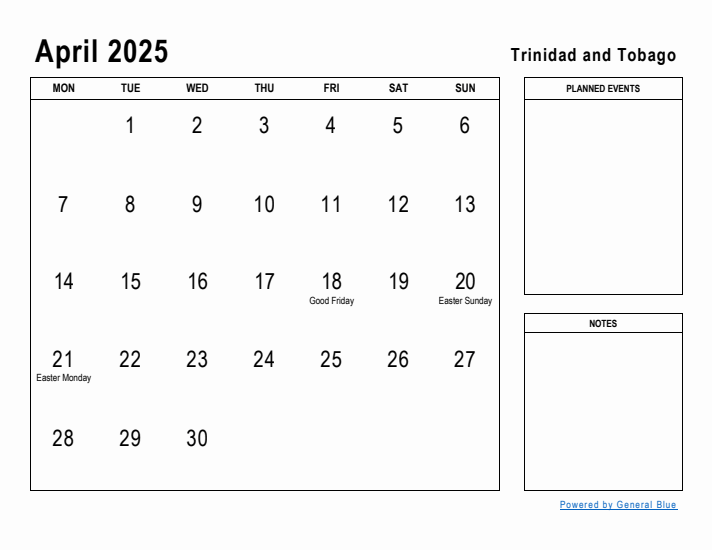 April 2025 Printable Monthly Calendar with Trinidad and Tobago Holidays