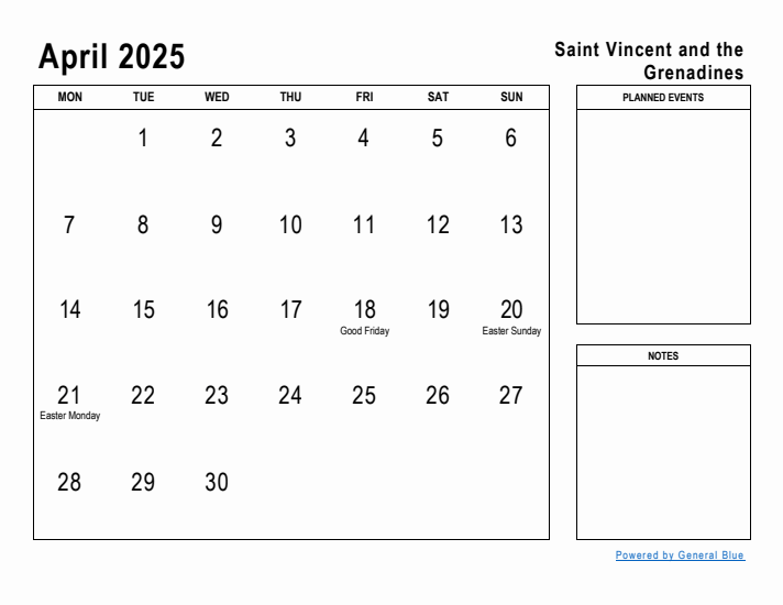 April 2025 Printable Monthly Calendar with Saint Vincent and the Grenadines Holidays