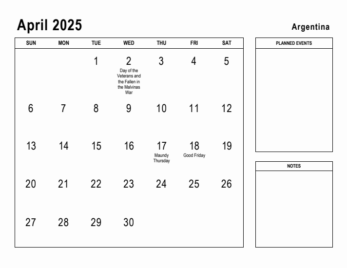 April 2025 Printable Monthly Calendar with Argentina Holidays