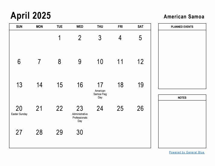 April 2025 Printable Monthly Calendar with American Samoa Holidays