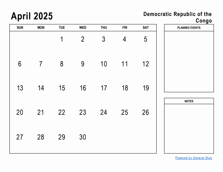 April 2025 Printable Monthly Calendar with Democratic Republic of the Congo Holidays