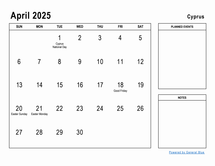 April 2025 Printable Monthly Calendar with Cyprus Holidays