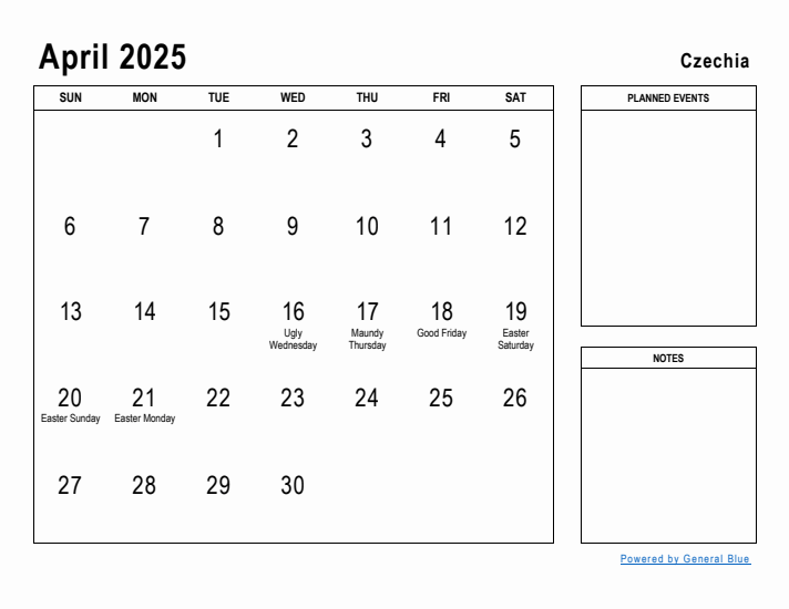 April 2025 Printable Monthly Calendar with Czechia Holidays