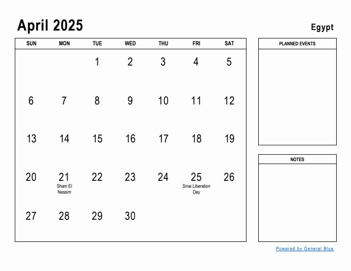 April 2025 Printable Monthly Calendar with Egypt Holidays