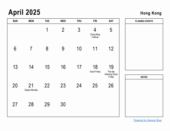 April 2025 Printable Monthly Calendar with Hong Kong Holidays