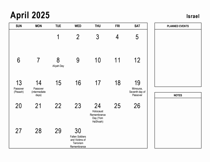 April 2025 Printable Monthly Calendar with Israel Holidays