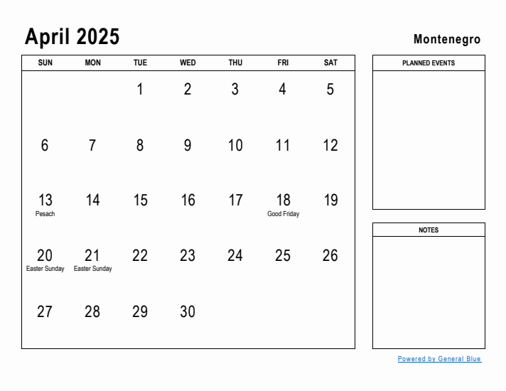 April 2025 Printable Monthly Calendar with Montenegro Holidays