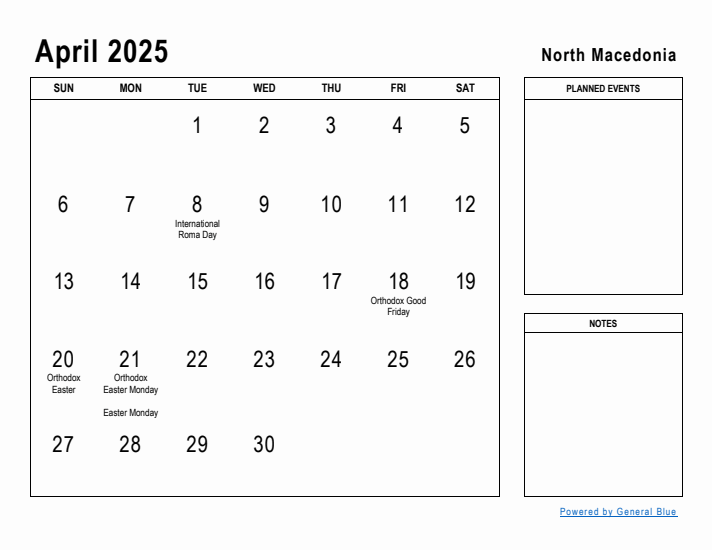 April 2025 Printable Monthly Calendar with North Macedonia Holidays
