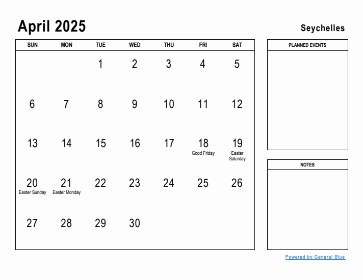 April 2025 Printable Monthly Calendar with Seychelles Holidays