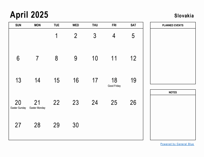 April 2025 Printable Monthly Calendar with Slovakia Holidays