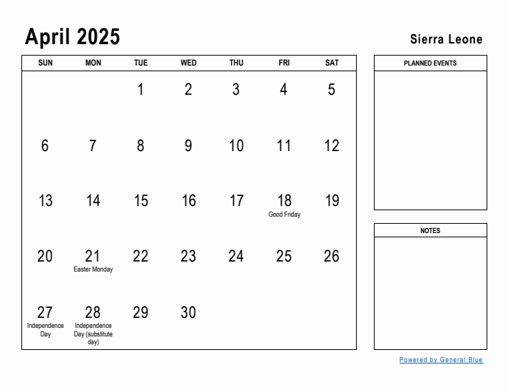 April 2025 Printable Monthly Calendar with Sierra Leone Holidays