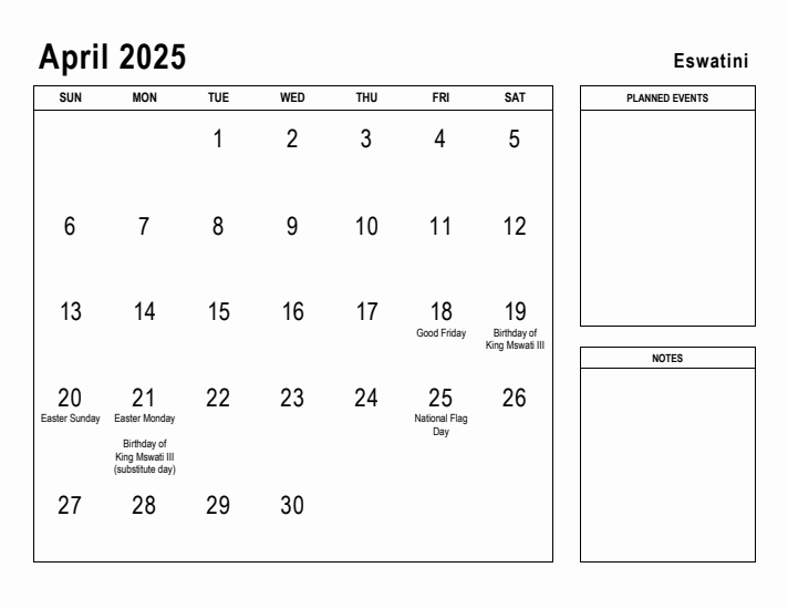 April 2025 Printable Monthly Calendar with Eswatini Holidays