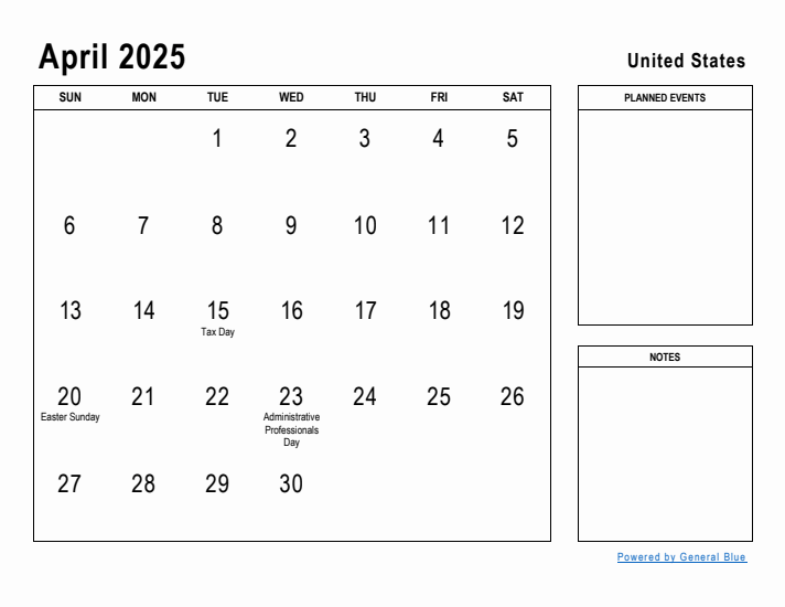 April 2025 United States Monthly Calendar with Holidays