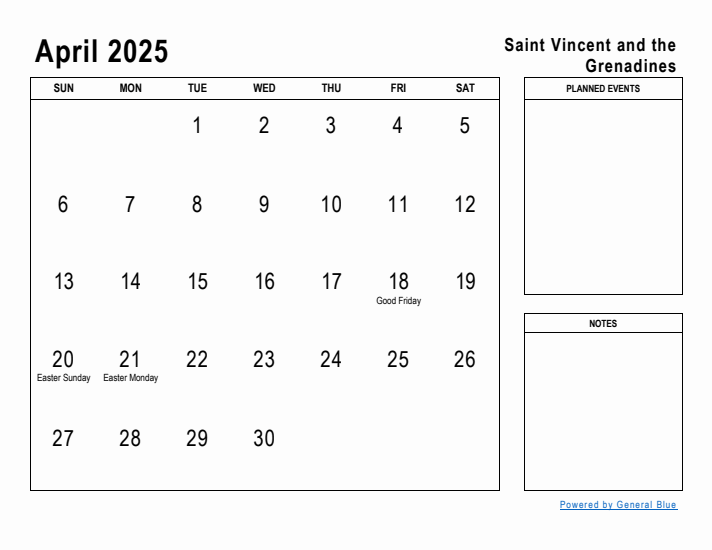 April 2025 Printable Monthly Calendar with Saint Vincent and the Grenadines Holidays