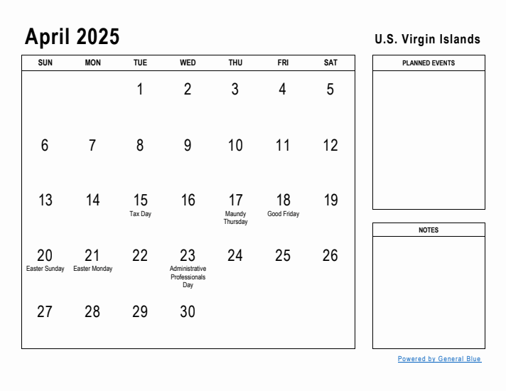 April 2025 Printable Monthly Calendar with U.S. Virgin Islands Holidays