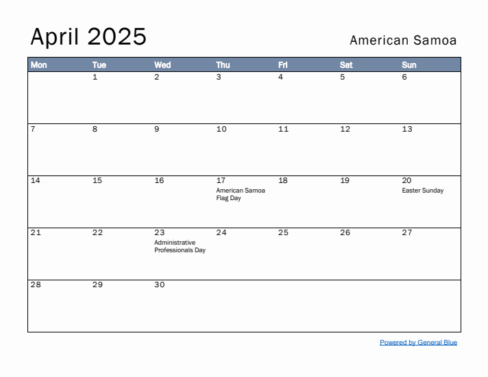 April 2025 Simple Monthly Calendar for American Samoa