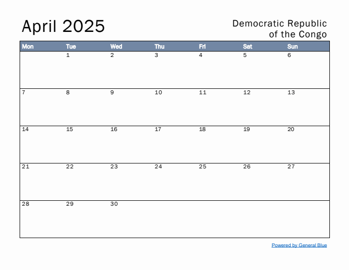 April 2025 Simple Monthly Calendar for Democratic Republic of the Congo