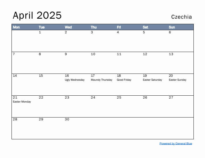 April 2025 Simple Monthly Calendar for Czechia