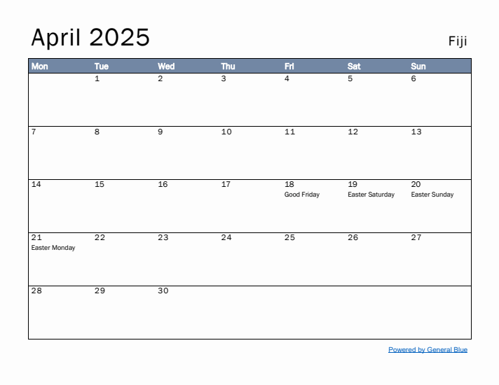 April 2025 Simple Monthly Calendar for Fiji