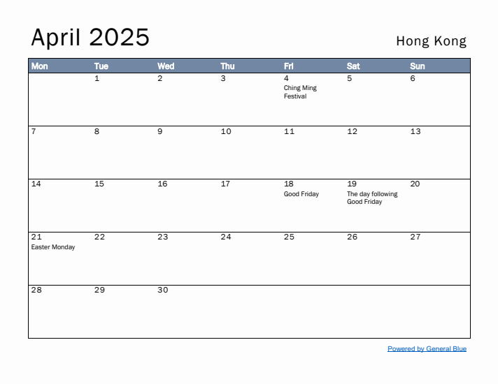 April 2025 Simple Monthly Calendar for Hong Kong