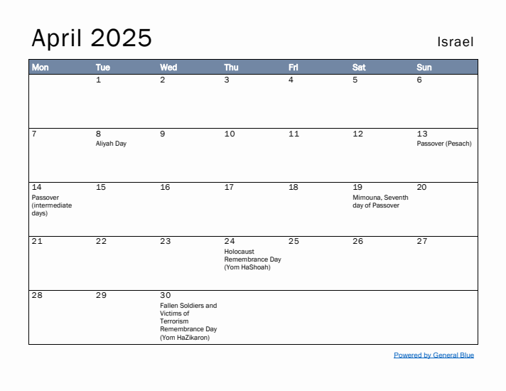 April 2025 Simple Monthly Calendar for Israel