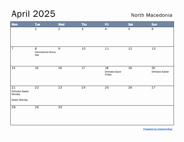 April 2025 Simple Monthly Calendar for North Macedonia