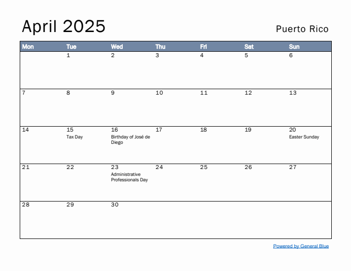 April 2025 Simple Monthly Calendar for Puerto Rico