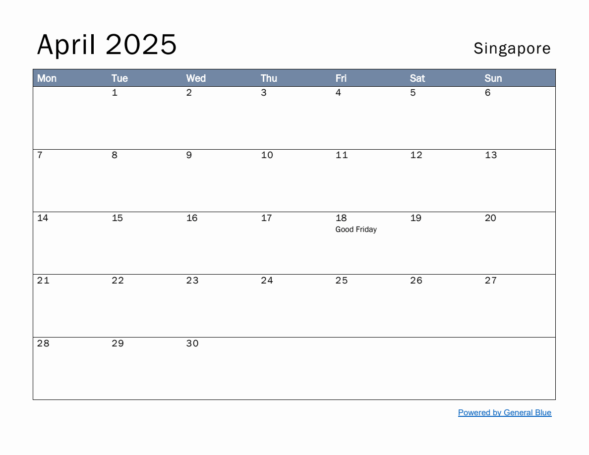 Free Monthly Calendar Template for April 2025 with Singapore Holidays  (Monday Start)