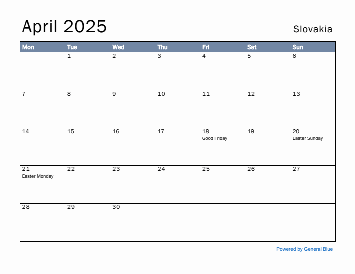 April 2025 Simple Monthly Calendar for Slovakia