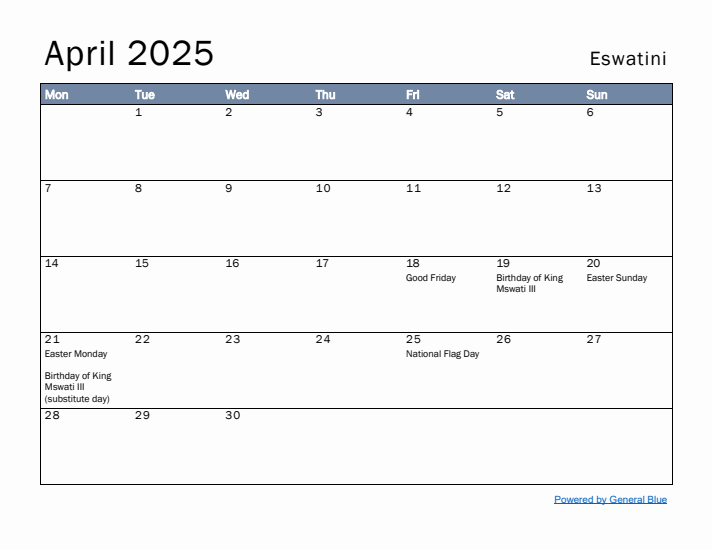 April 2025 Simple Monthly Calendar for Eswatini