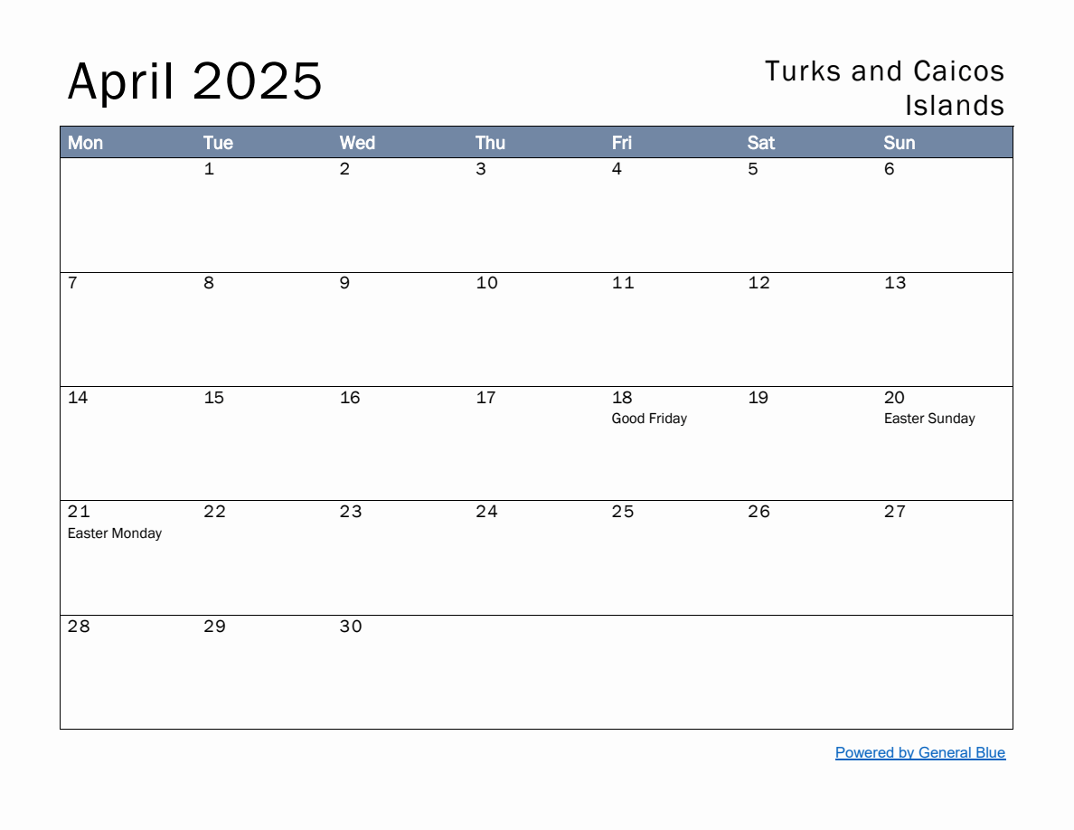 Free Monthly Calendar Template for April 2025 with Turks and Caicos ...