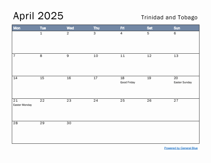 April 2025 Simple Monthly Calendar for Trinidad and Tobago