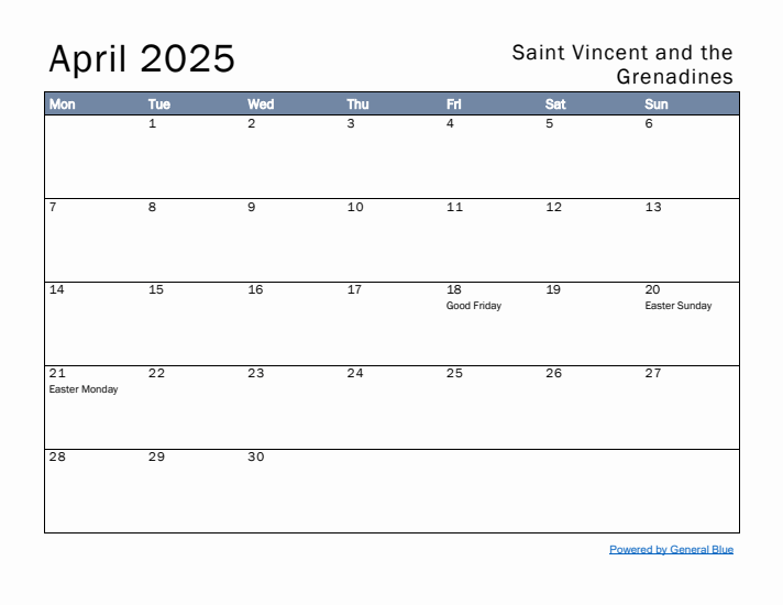 April 2025 Simple Monthly Calendar for Saint Vincent and the Grenadines