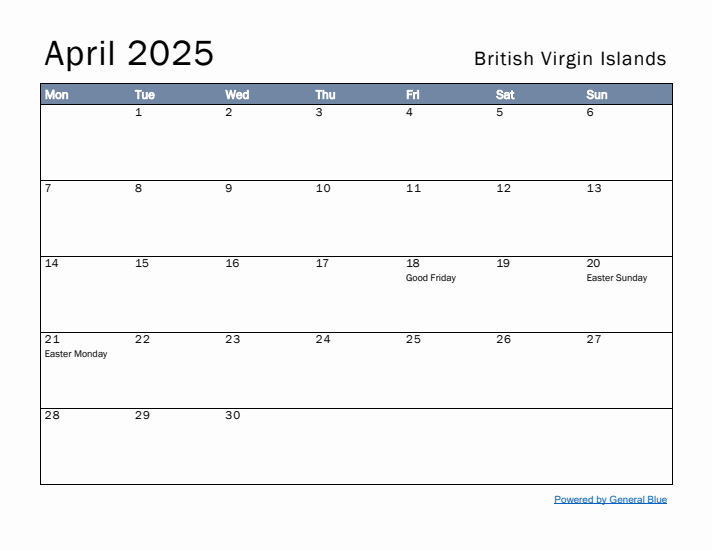 April 2025 Simple Monthly Calendar for British Virgin Islands