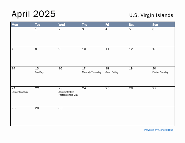 April 2025 Simple Monthly Calendar for U.S. Virgin Islands