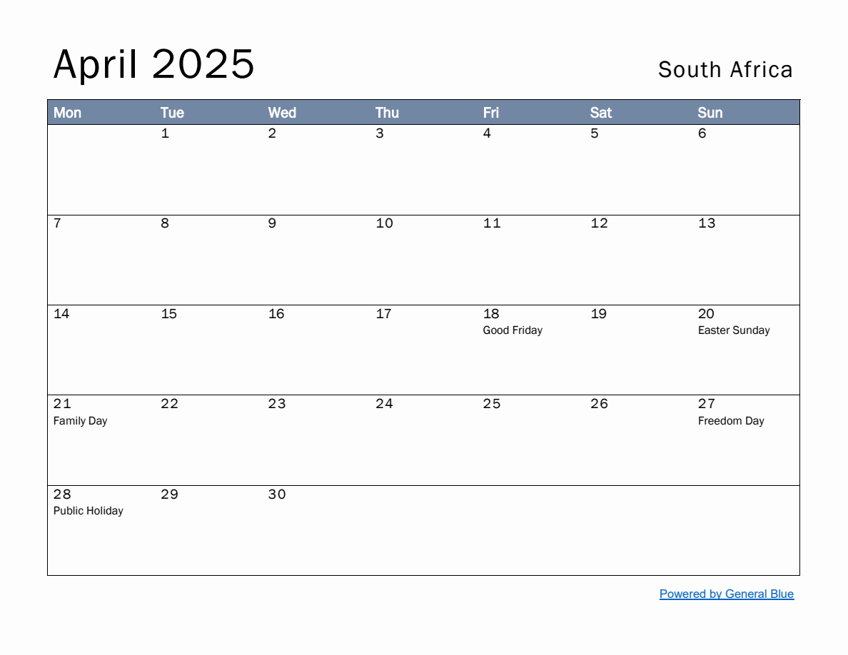 Free Monthly Calendar Template for April 2025 with South Africa ...
