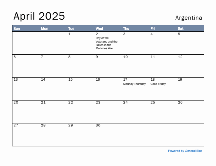 April 2025 Simple Monthly Calendar for Argentina