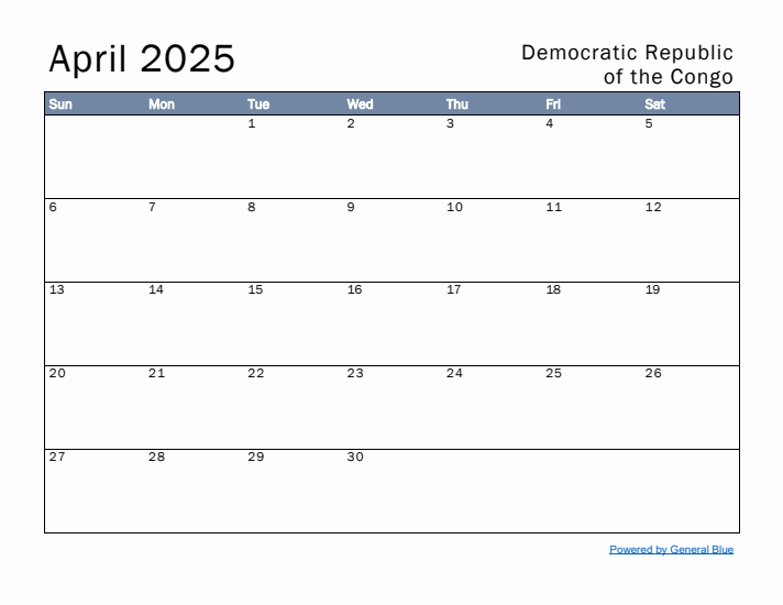 April 2025 Simple Monthly Calendar for Democratic Republic of the Congo