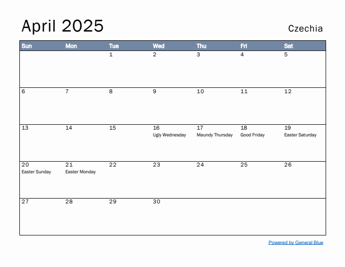April 2025 Simple Monthly Calendar for Czechia