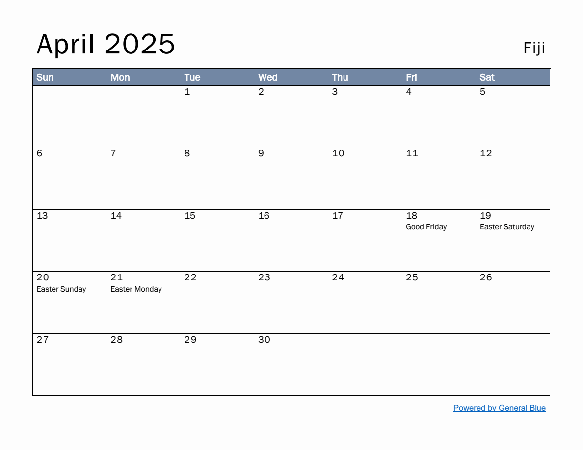 Free Monthly Calendar Template for April 2025 with Fiji Holidays