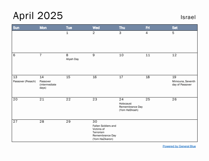 April 2025 Simple Monthly Calendar for Israel