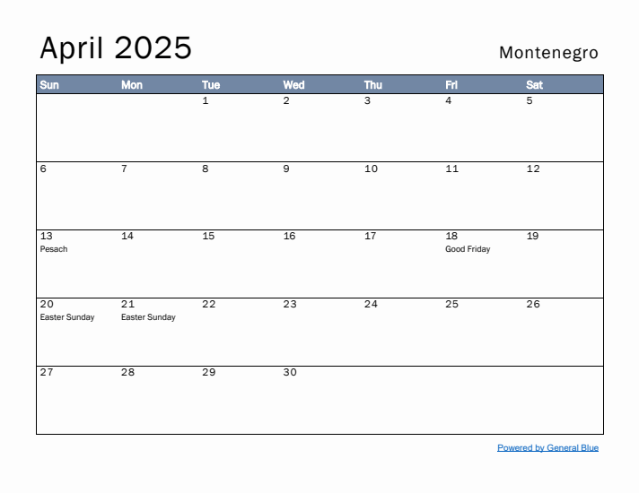 April 2025 Simple Monthly Calendar for Montenegro
