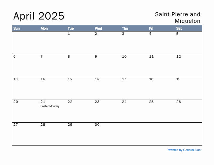 April 2025 Simple Monthly Calendar for Saint Pierre and Miquelon