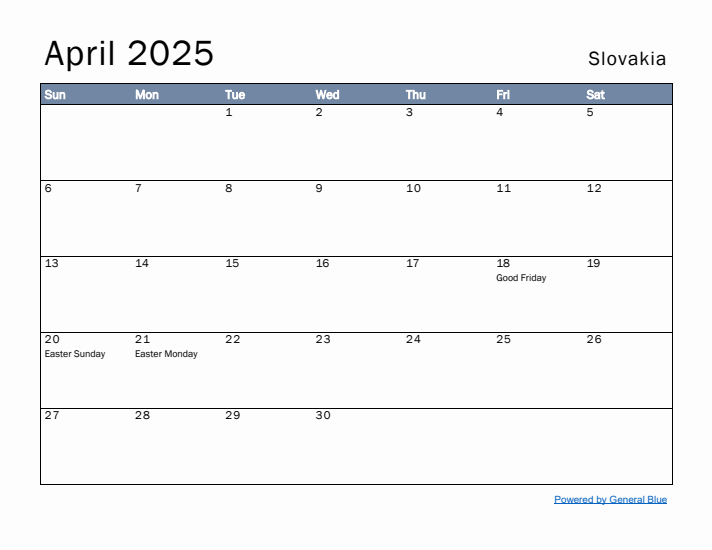 April 2025 Simple Monthly Calendar for Slovakia