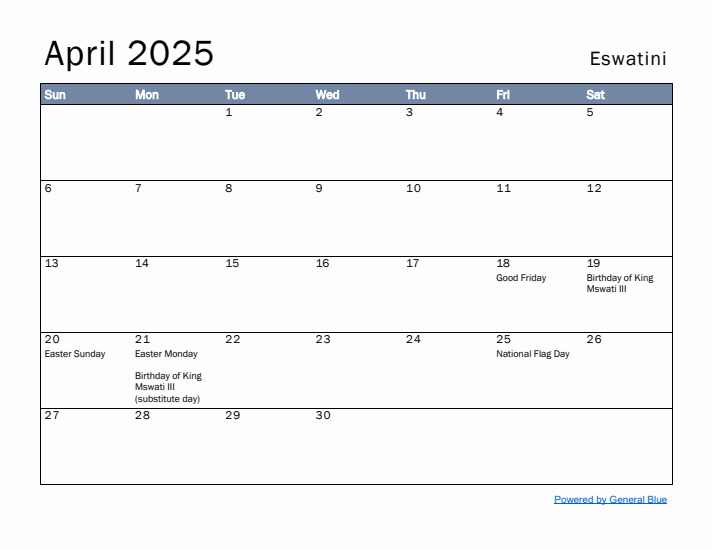 April 2025 Simple Monthly Calendar for Eswatini