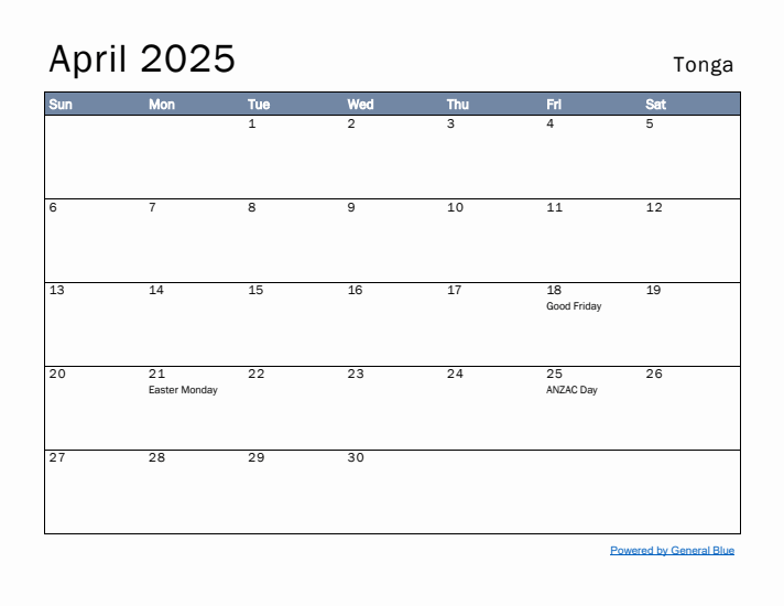 April 2025 Simple Monthly Calendar for Tonga