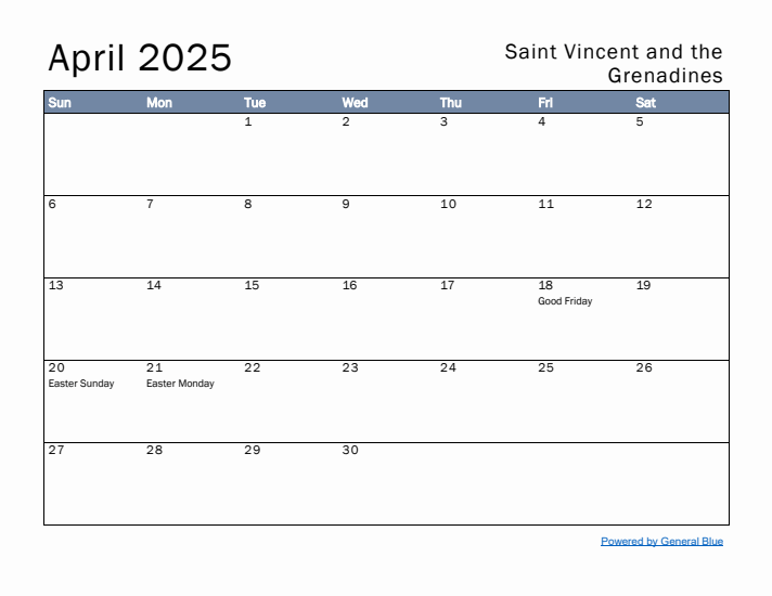 April 2025 Simple Monthly Calendar for Saint Vincent and the Grenadines
